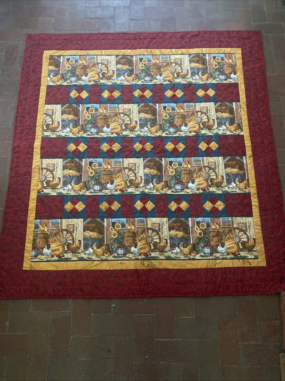 Handmade Chicken Farm Quilt Red Gold Teal Country Blanket Throw 60”x 58”